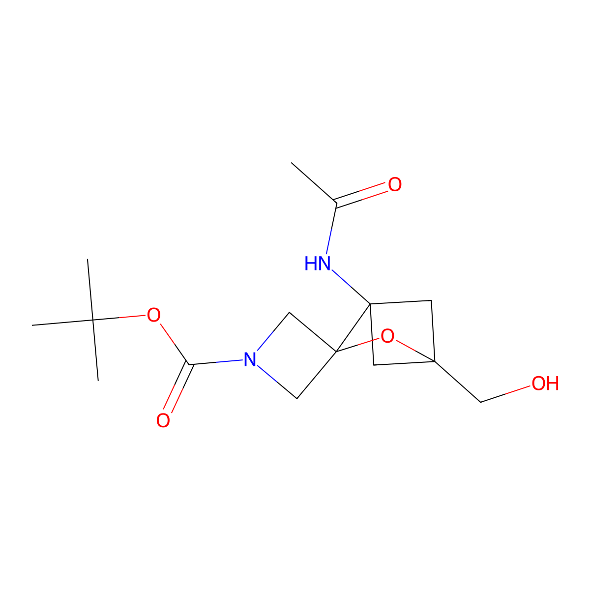 Tert-butyl 1'-acetamido-4'-(hydroxymethyl)-3'-oxaspiro[azetidine-3,2'-bicyclo[2.1.1]hexane]-1-carboxylate molecular structure, CAS 2680893-95-0