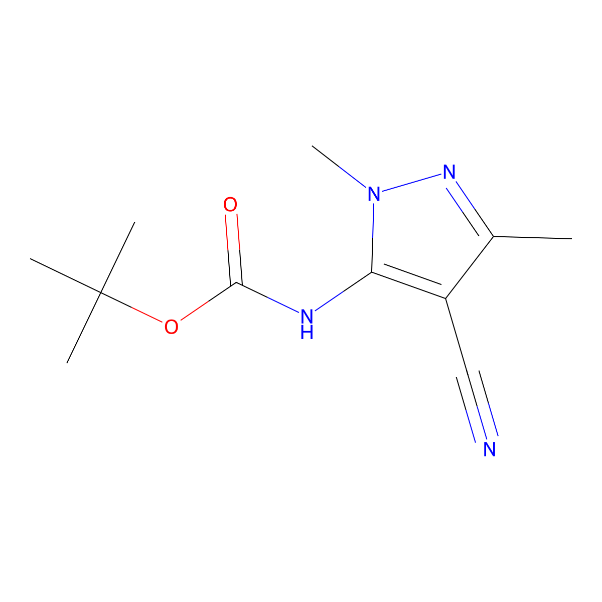 tert-butyl N-(4-cyano-1,3-dimethyl-1H-pyrazol-5-yl)carbamate molecular structure, CAS 2680894-11-3
