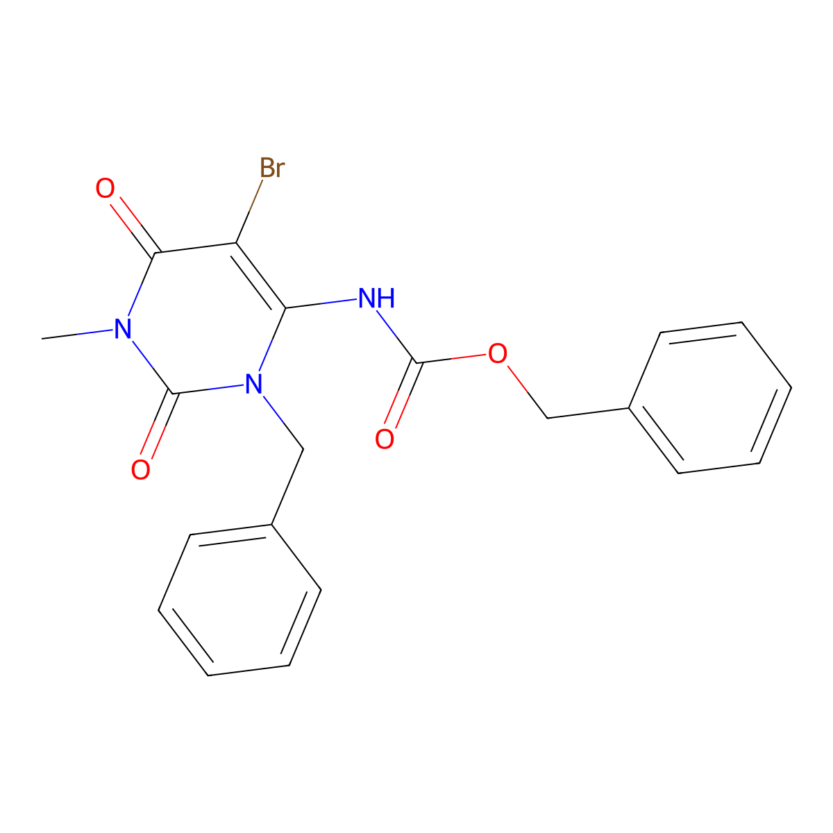 benzyl N-(3-benzyl-5-bromo-1-methyl-2,6-dioxo-1,2,3,6-tetrahydropyrimidin-4-yl)carbamate molecular structure, CAS 2680894-34-0