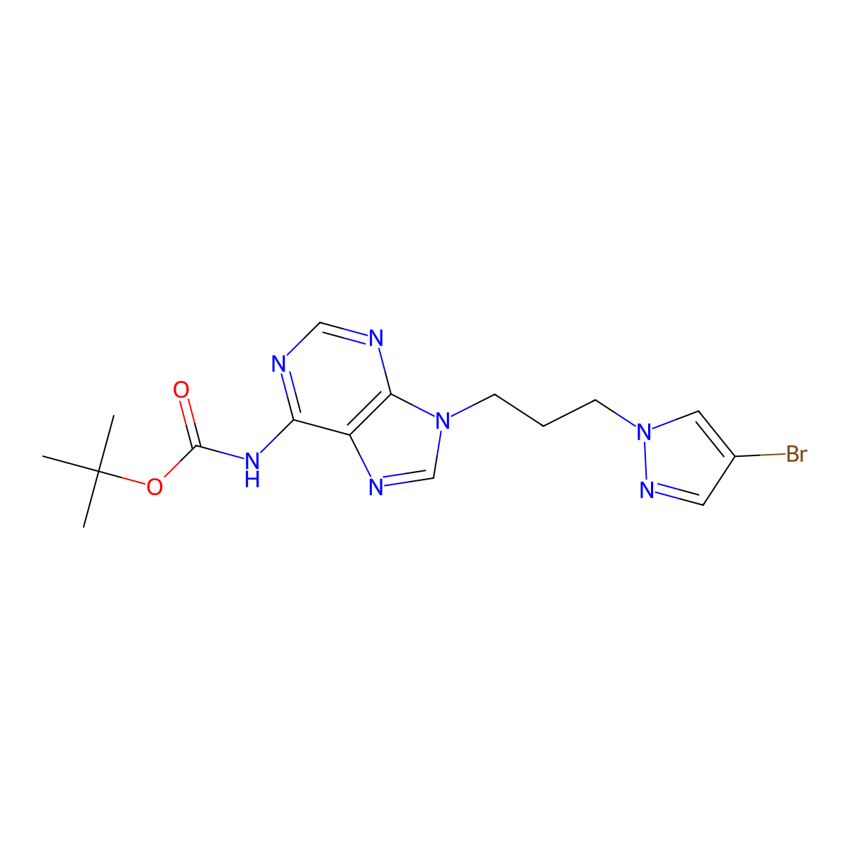tert-butyl N-{9-[3-(4-bromo-1H-pyrazol-1-yl)propyl]-9H-purin-6-yl}carbamate molecular structure, CAS 2680894-75-9