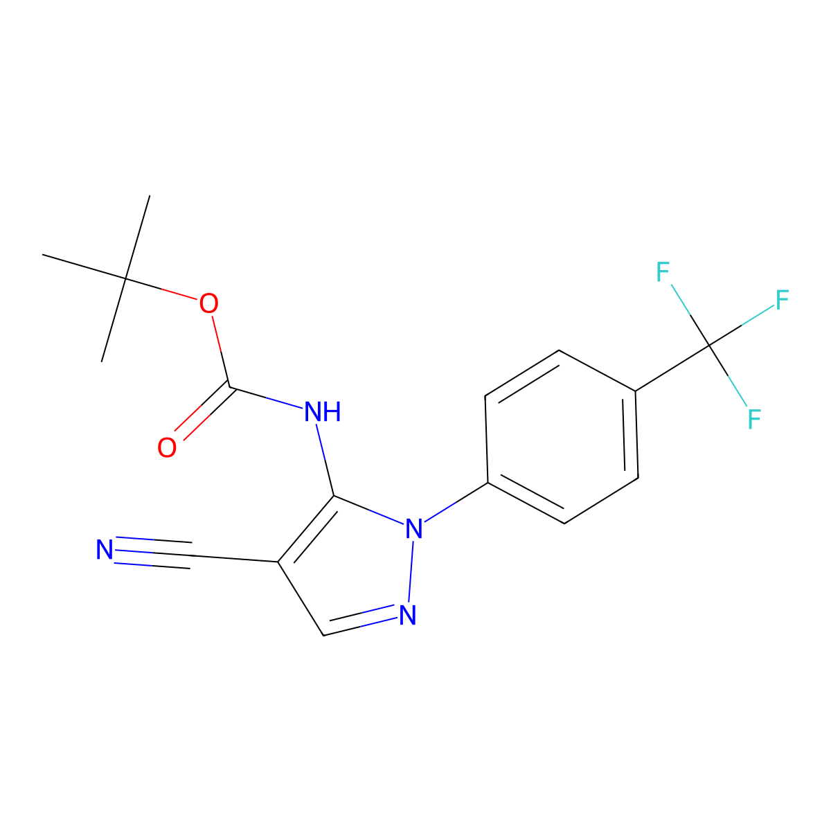 tert-butyl N-{4-cyano-1-[4-(trifluoromethyl)phenyl]-1H-pyrazol-5-yl}carbamate molecular structure, CAS 2680895-19-4
