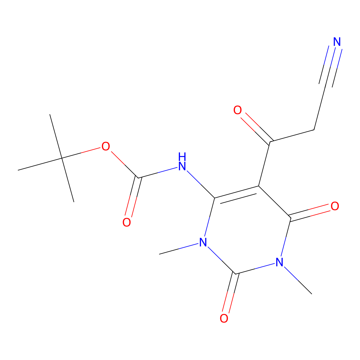 tert-butyl N-[5-(2-cyanoacetyl)-1,3-dimethyl-2,6-dioxo-1,2,3,6-tetrahydropyrimidin-4-yl]carbamate molecular structure, CAS 2680895-39-8