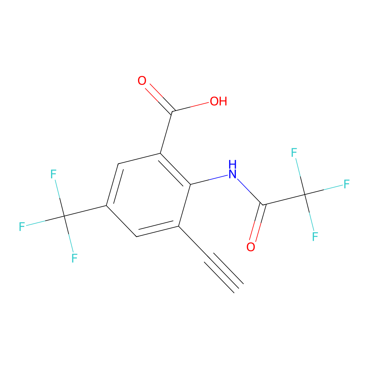 3-Ethynyl-2-(2,2,2-trifluoroacetamido)-5-(trifluoromethyl)benzoic acid molecular structure, CAS 2680895-69-4