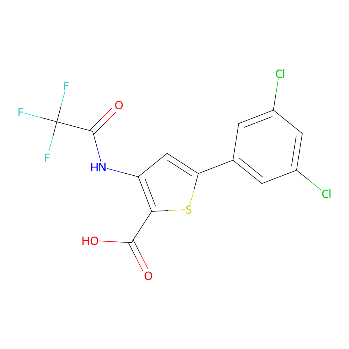 5-(3,5-Dichlorophenyl)-3-(2,2,2-trifluoroacetamido)thiophene-2-carboxylic acid molecular structure, CAS 2680895-96-7