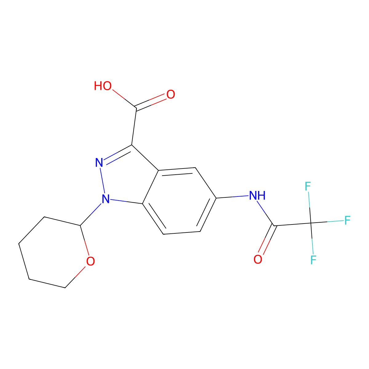 1-(oxan-2-yl)-5-(2,2,2-trifluoroacetamido)-1H-indazole-3-carboxylic acid molecular structure, CAS 2680898-43-3