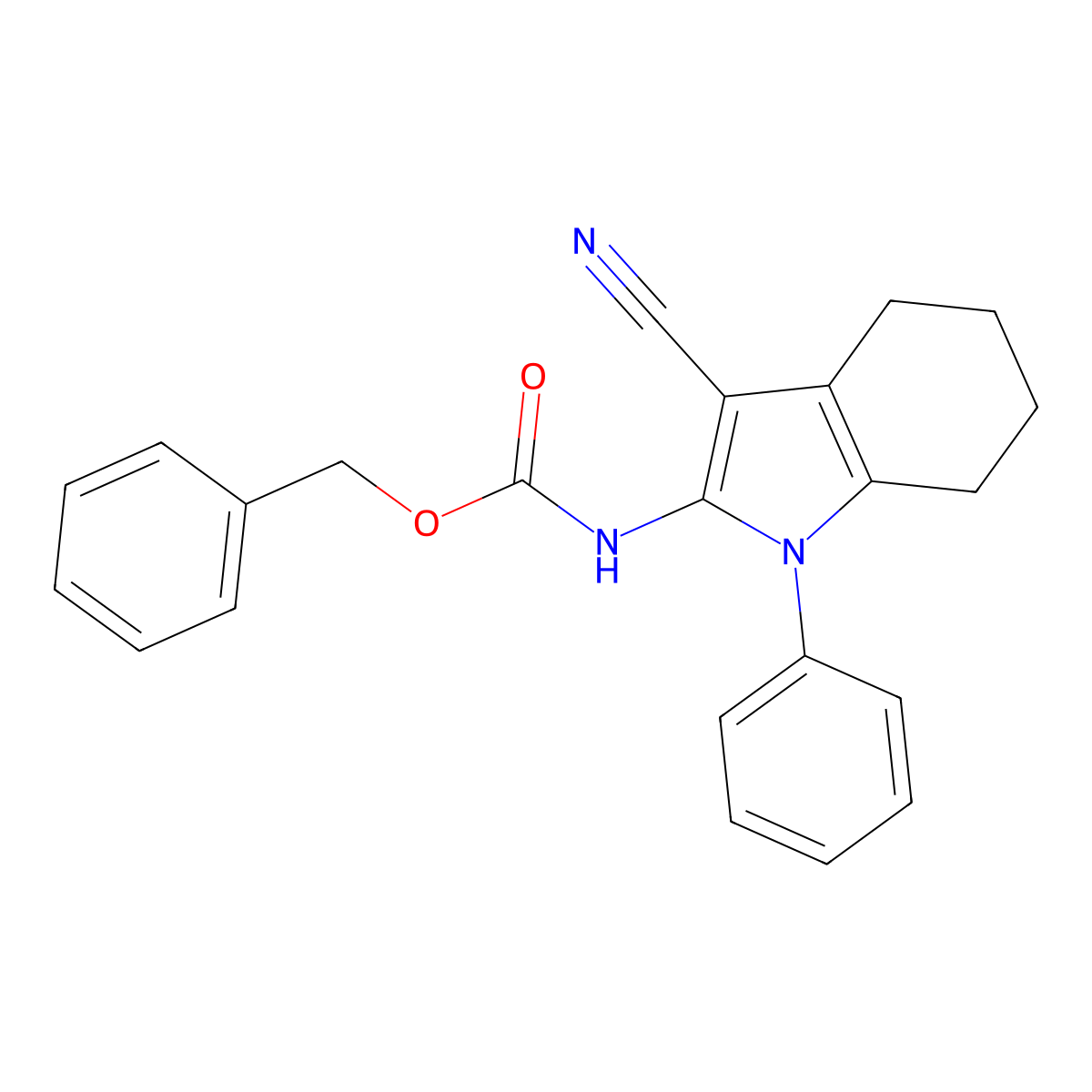 benzyl N-(3-cyano-1-phenyl-4,5,6,7-tetrahydro-1H-indol-2-yl)carbamate molecular structure, CAS 2680898-77-3