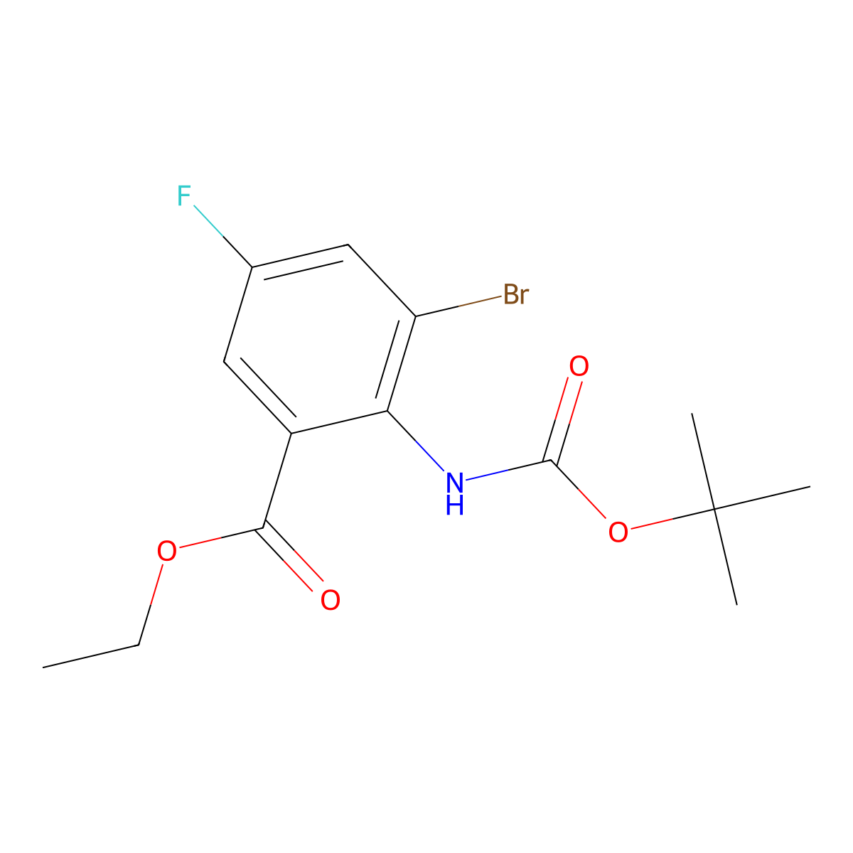 Ethyl 3-bromo-2-{[(tert-butoxy)carbonyl]amino}-5-fluorobenzoate molecular structure, CAS 2680899-26-5