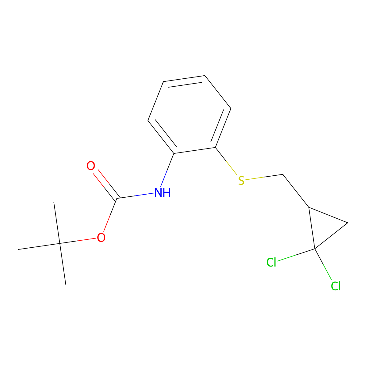 tert-butyl N-(2-{[(2,2-dichlorocyclopropyl)methyl]sulfanyl}phenyl)carbamate molecular structure, CAS 2680899-34-5
