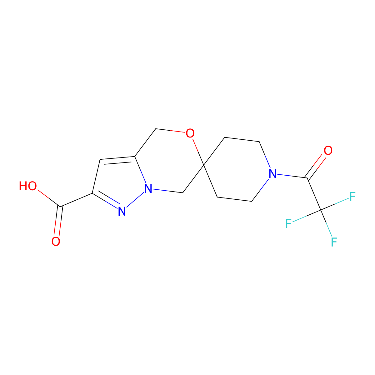 1-(2,2,2-Trifluoroacetyl)-4',7'-dihydrospiro[piperidine-4,6'-pyrazolo[3,2-c][1,4]oxazine]-2'-carboxylic acid molecular structure, CAS 2680900-03-0
