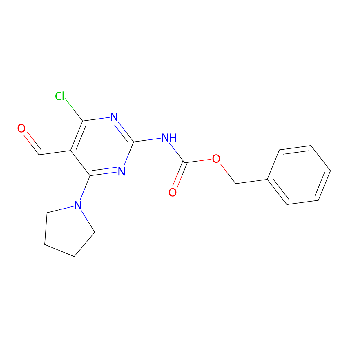 benzyl N-[4-chloro-5-formyl-6-(pyrrolidin-1-yl)pyrimidin-2-yl]carbamate molecular structure, CAS 2680900-44-9