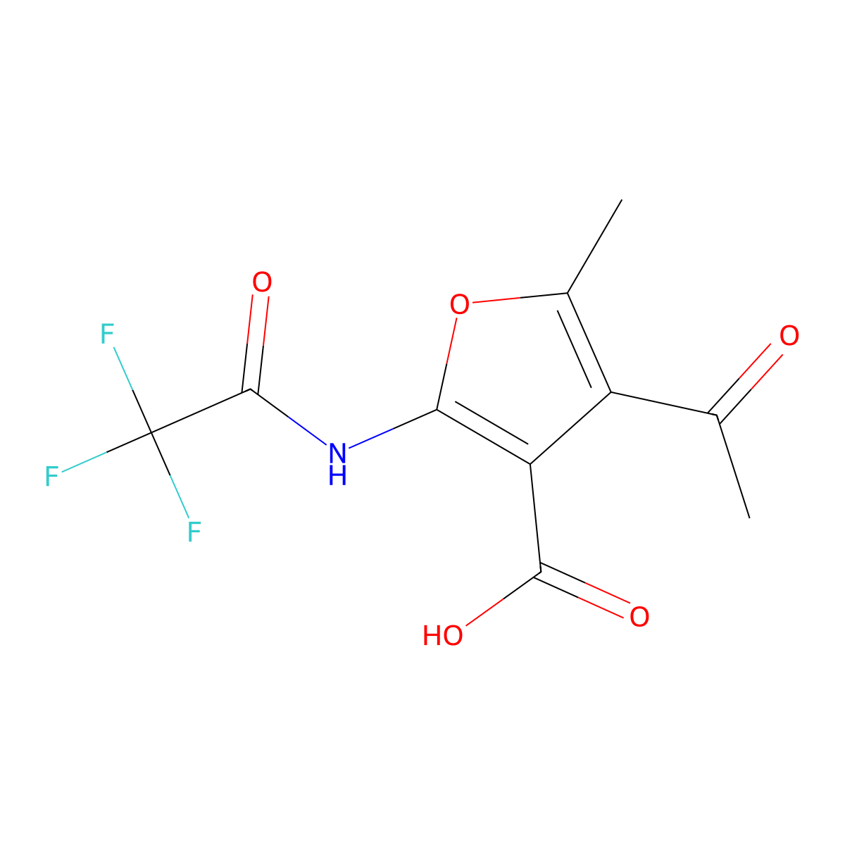 4-Acetyl-5-methyl-2-(2,2,2-trifluoroacetamido)furan-3-carboxylic acid molecular structure, CAS 2680900-58-5
