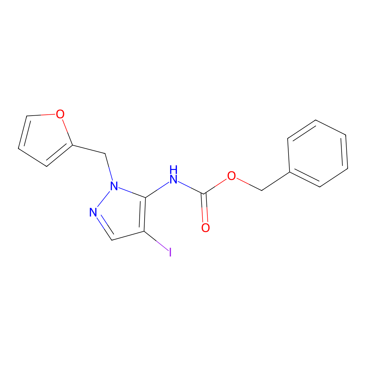 benzyl N-{1-[(furan-2-yl)methyl]-4-iodo-1H-pyrazol-5-yl}carbamate molecular structure, CAS 2680900-78-9