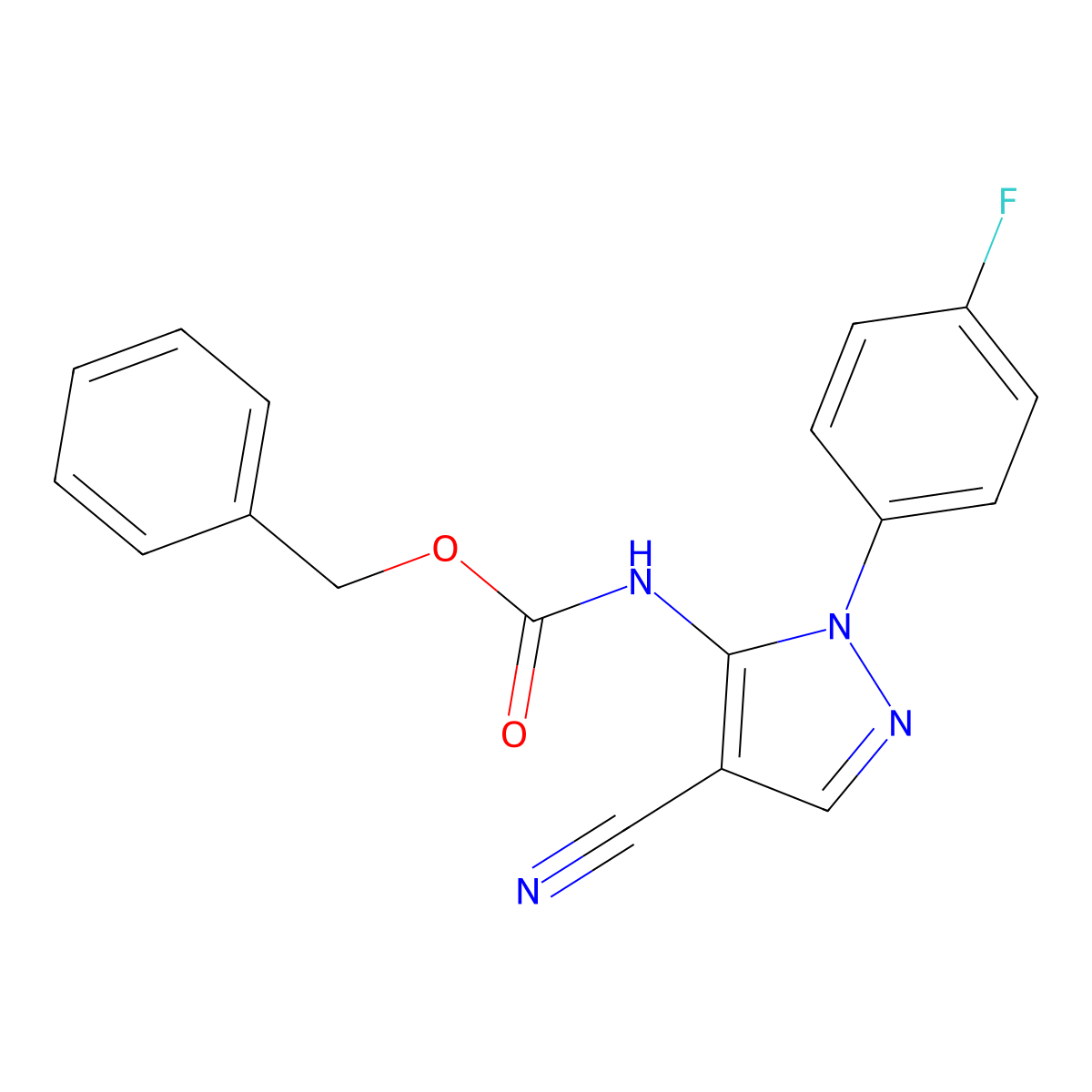 benzyl N-[4-cyano-1-(4-fluorophenyl)-1H-pyrazol-5-yl]carbamate molecular structure, CAS 2680901-29-3
