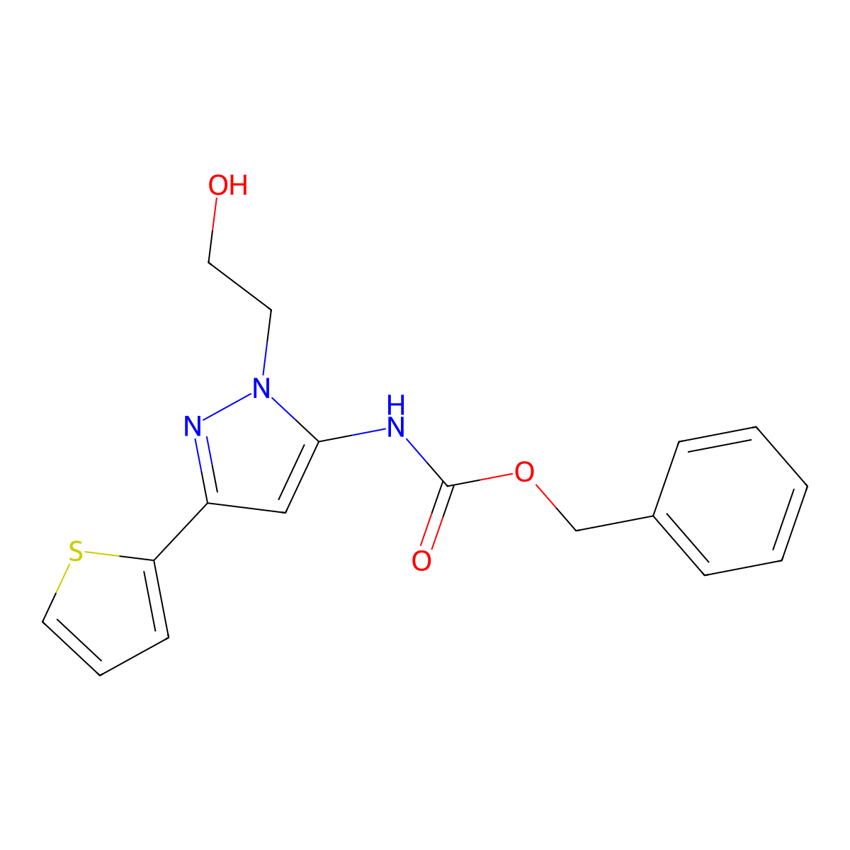 benzyl N-[1-(2-hydroxyethyl)-3-(thiophen-2-yl)-1H-pyrazol-5-yl]carbamate molecular structure, CAS 2680901-60-2