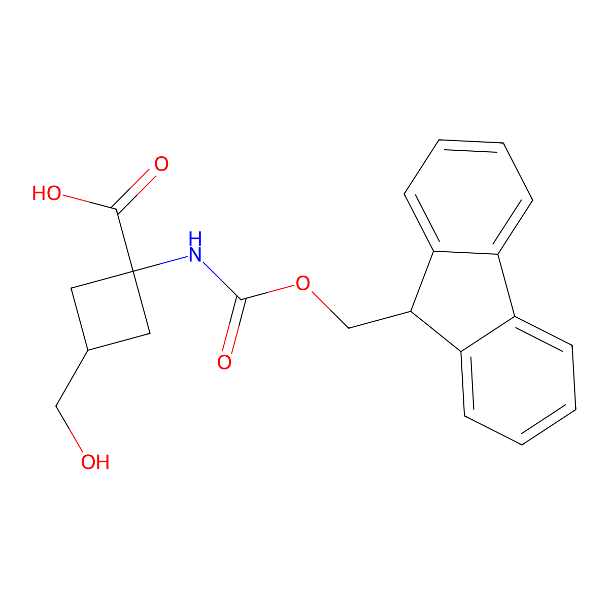 (1s,3s)-1-((((9H-fluoren-9-yl)methoxy)carbonyl)amino)-3-(hydroxymethyl)cyclobutane-1-carboxylic acid molecular structure, CAS 2680901-87-3