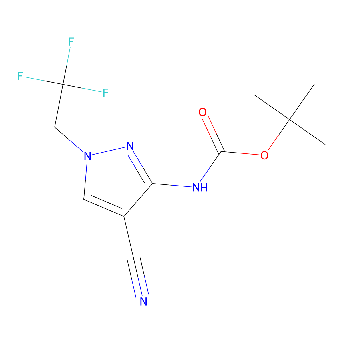 tert-butyl N-[4-cyano-1-(2,2,2-trifluoroethyl)-1H-pyrazol-3-yl]carbamate molecular structure, CAS 2680902-03-6