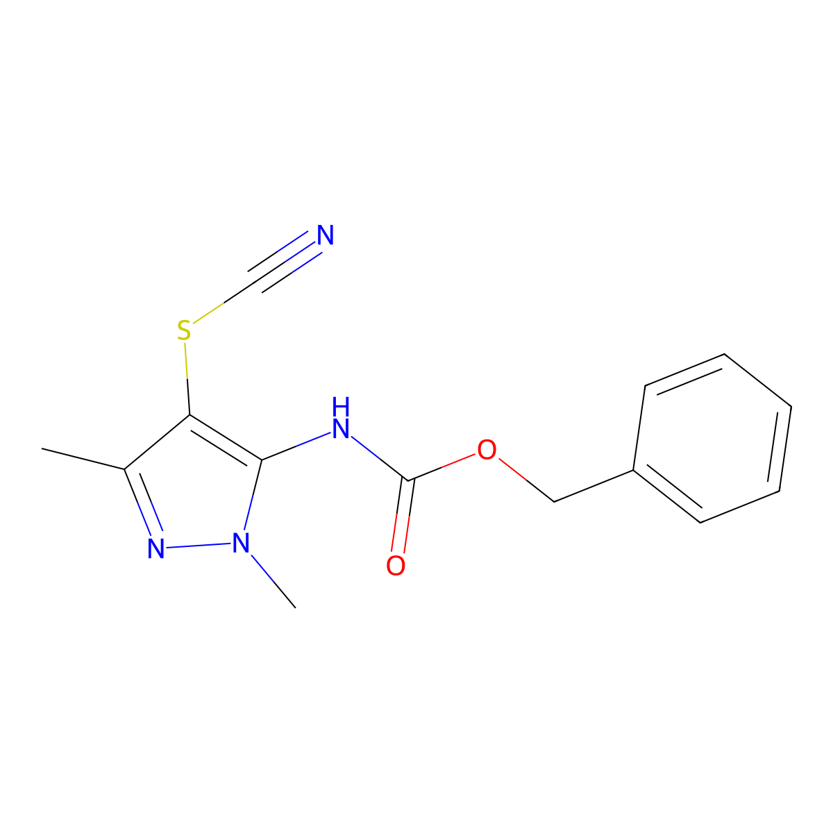 benzyl N-[4-(cyanosulfanyl)-1,3-dimethyl-1H-pyrazol-5-yl]carbamate molecular structure, CAS 2680904-10-1