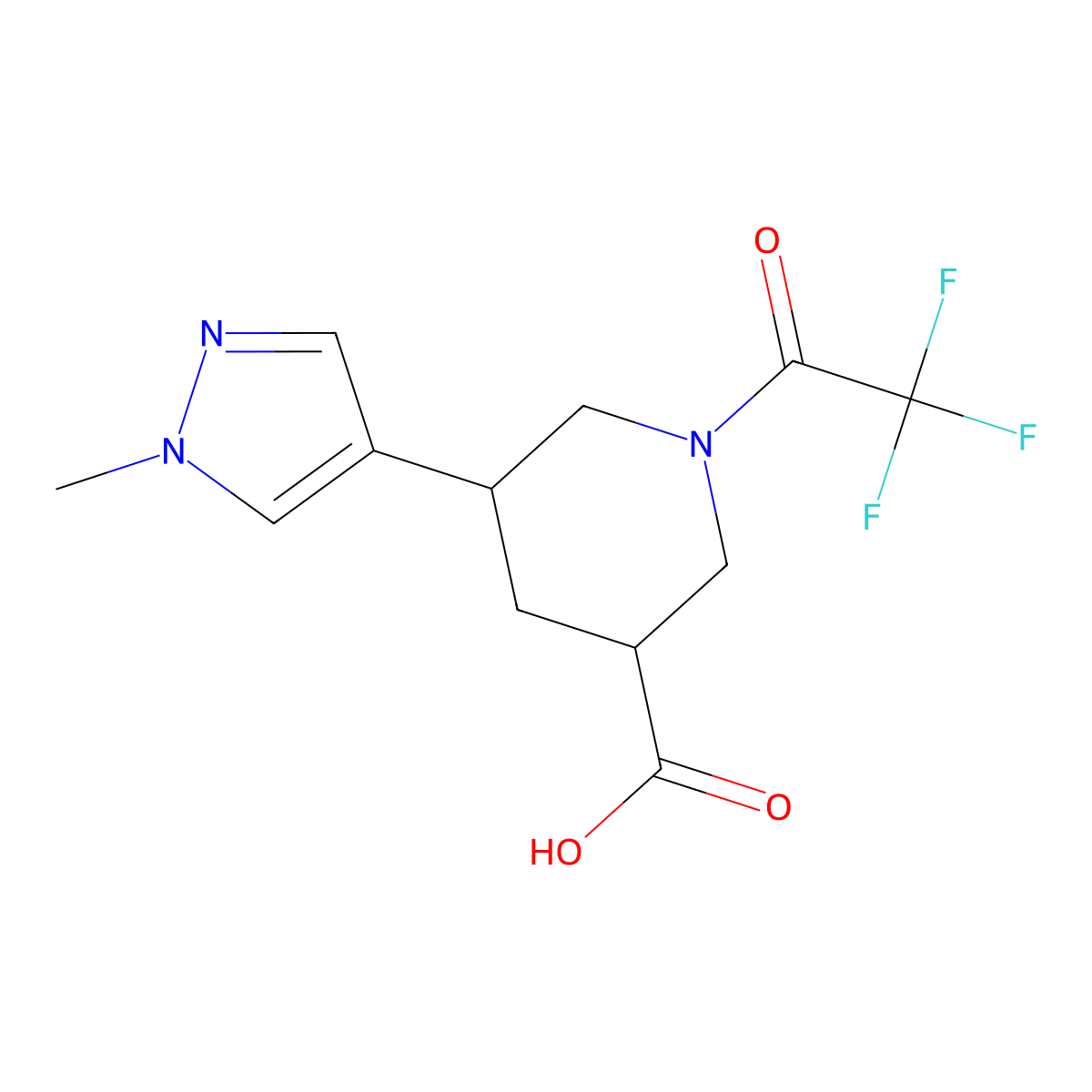 5-(1-methyl-1H-pyrazol-4-yl)-1-(2,2,2-trifluoroacetyl)piperidine-3-carboxylic acid molecular structure, CAS 2680905-00-2