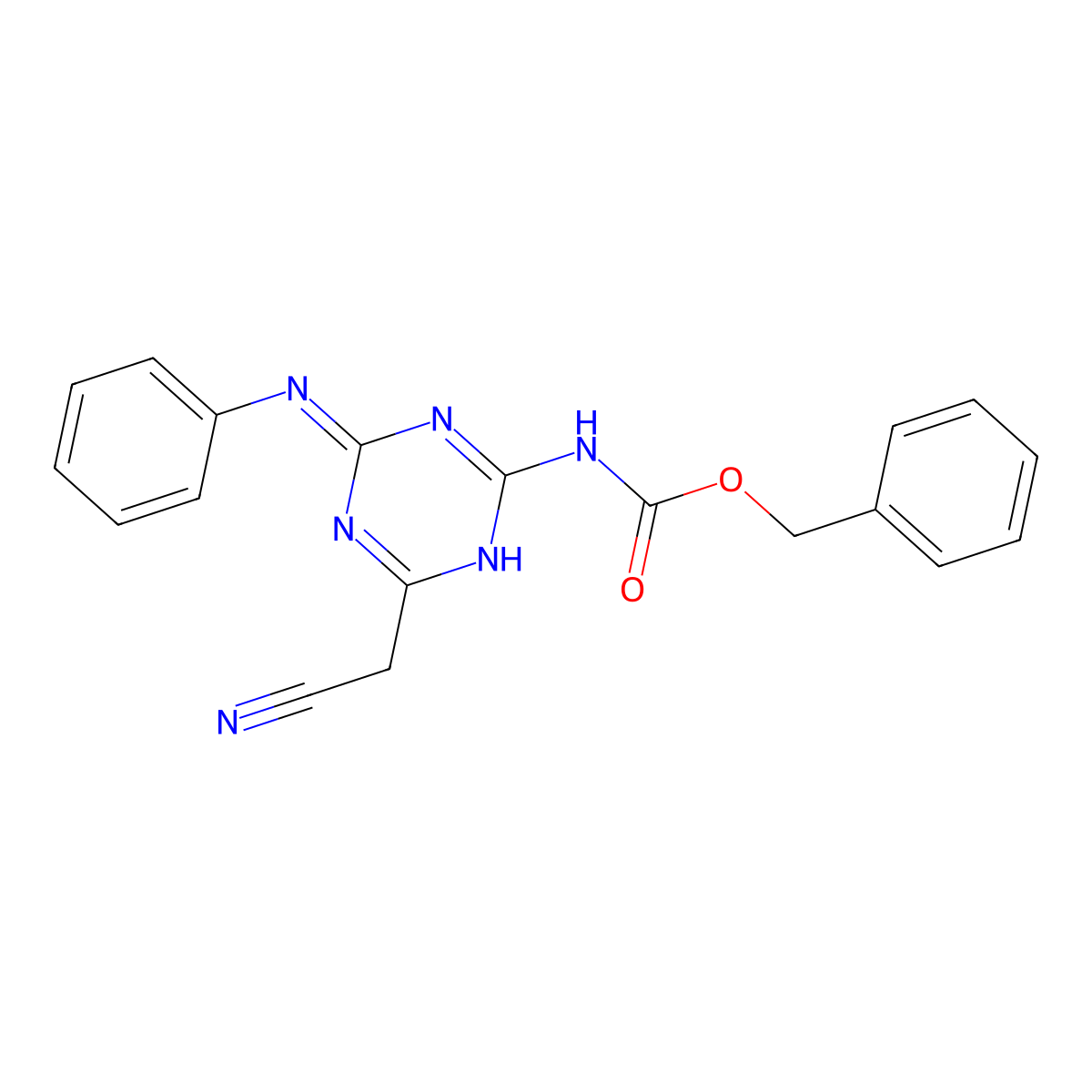 benzyl N-[6-(cyanomethyl)-4-(phenylimino)-1,4-dihydro-1,3,5-triazin-2-yl]carbamate molecular structure, CAS 2681255-35-4