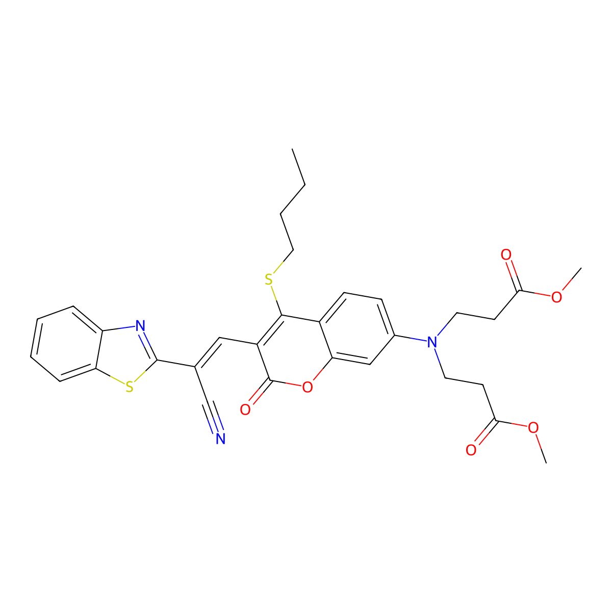 methyl 3-({3-[(1E)-2-(1,3-benzothiazol-2-yl)-2-cyanoeth-1-en-1-yl]-4-(butylsulfanyl)-2-oxo-2H-chromen-7-yl}(3-methoxy-3-oxopropyl)amino)propanoate molecular structure, CAS 2682056-05-7