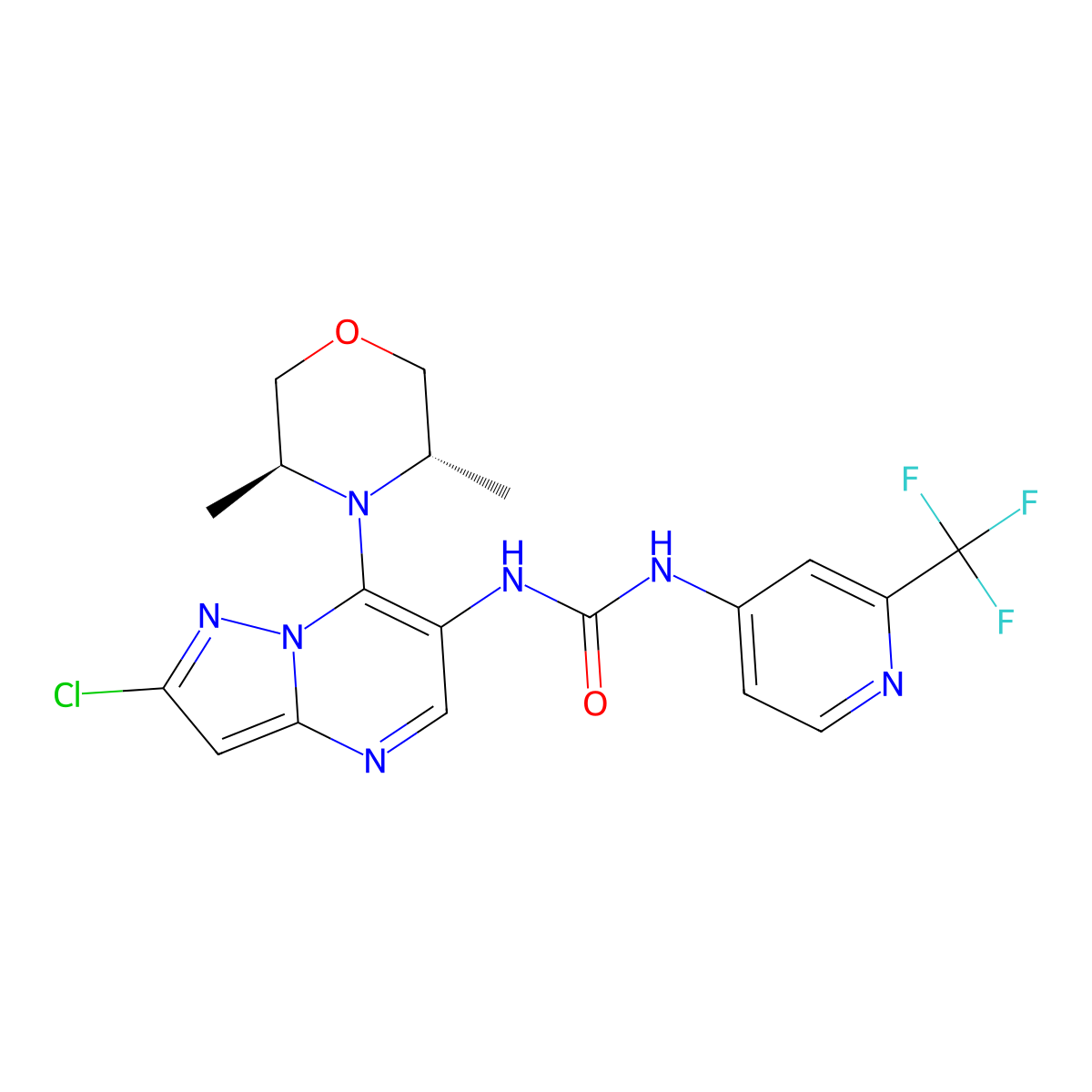 1-[2-chloro-7-[(3S,5S)-3,5-dimethylmorpholin-4-yl]pyrazolo[1,5-a]pyrimidin-6-yl]-3-[2-(trifluoromethyl)-4-pyridinyl]urea molecular structure, CAS 2682102-10-7