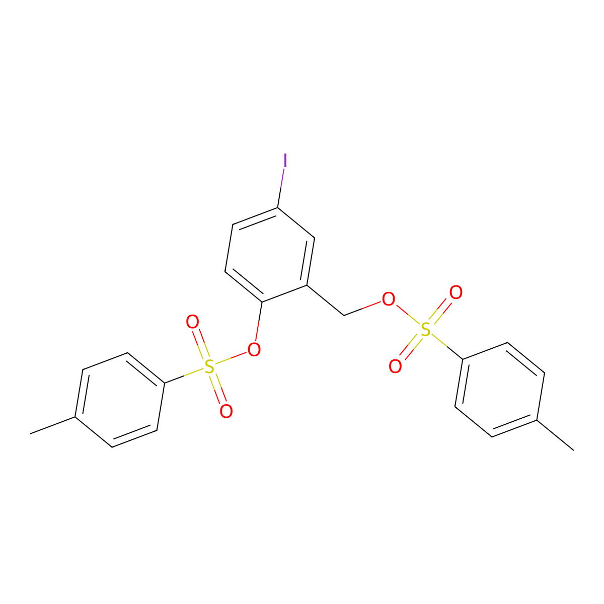 4-Iodo-2-((tosyloxy)methyl)phenyl 4-methylbenzenesulfonate molecular structure, CAS 2682115-56-4