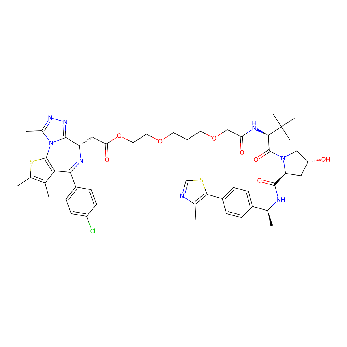 2-[3-({[(2S)-1-[(2S,4R)-4-hydroxy-2-{[(1S)-1-[4-(4-methyl-1,3-thiazol-5-yl)phenyl]ethyl]carbamoyl}pyrrolidin-1-yl]-3,3-dimethyl-1-oxobutan-2-yl]carbamoyl}methoxy)propoxy]ethyl 2-[(9S)-7-(4-chlorophenyl)-4,5,13-trimethyl-3-thia-1,8,11,12-tetraazatricyclo[8.3.0.0,2,6]trideca-2(6),4,7,10,12-pentaen-9-yl]acetate molecular structure, CAS 2683008-37-7
