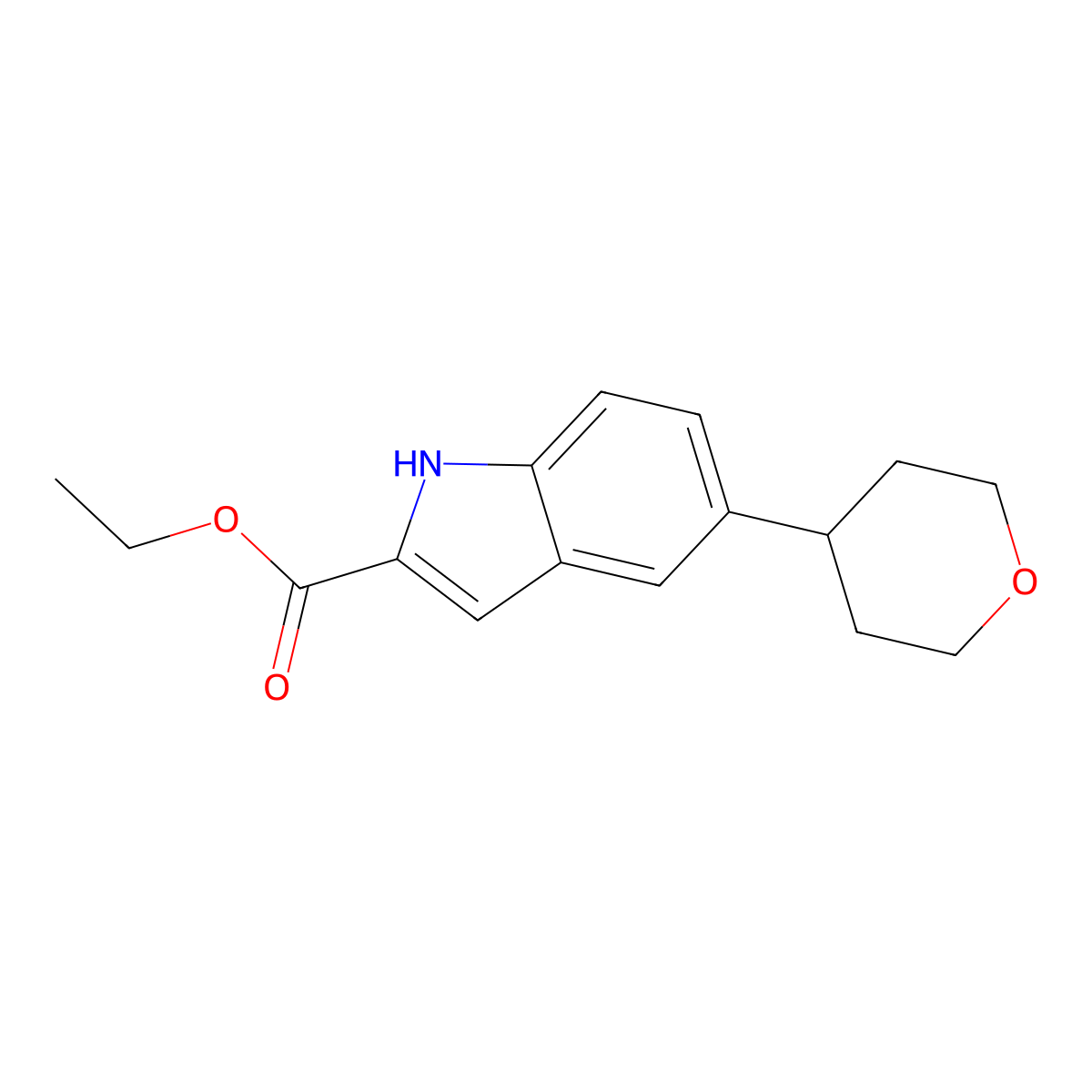 Ethyl 5-(tetrahydro-2H-pyran-4-yl)-1H-indole-2-carboxylate molecular structure, CAS 2685824-93-3