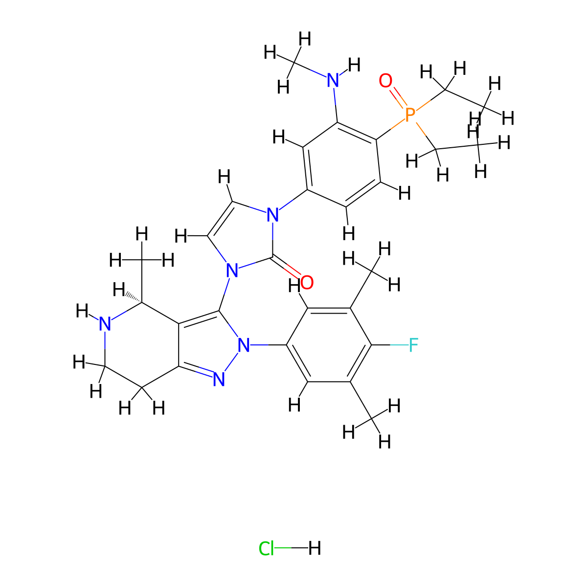 (S)-1-(4-(Diethylphosphoryl)-3-(methylamino)phenyl)-3-(2-(4-fluoro-3,5-dimethylphenyl)-4-methyl-4,5,6,7-tetrahydro-2H-pyrazolo[4,3-c]pyridin-3-yl)-1,3-dihydro-2H-imidazol-2-one hydrochloride molecular structure, CAS 2685825-09-4
