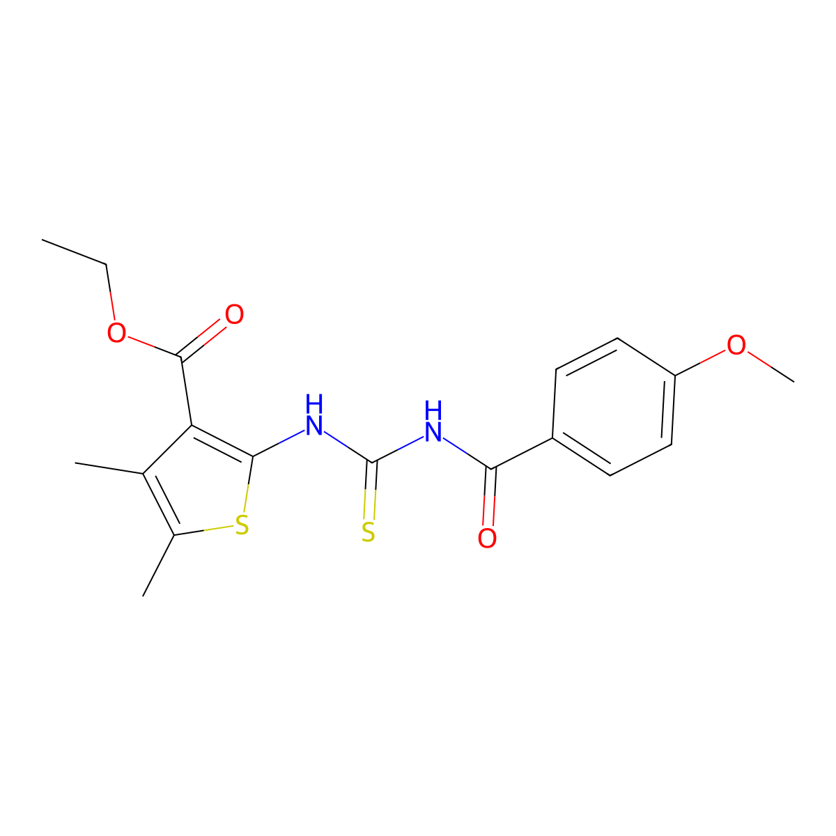 Ethyl 2-({[(4-methoxyphenyl)carbonyl]carbamothioyl}amino)-4,5-dimethylthiophene-3-carboxylate molecular structure, CAS 268733-37-5