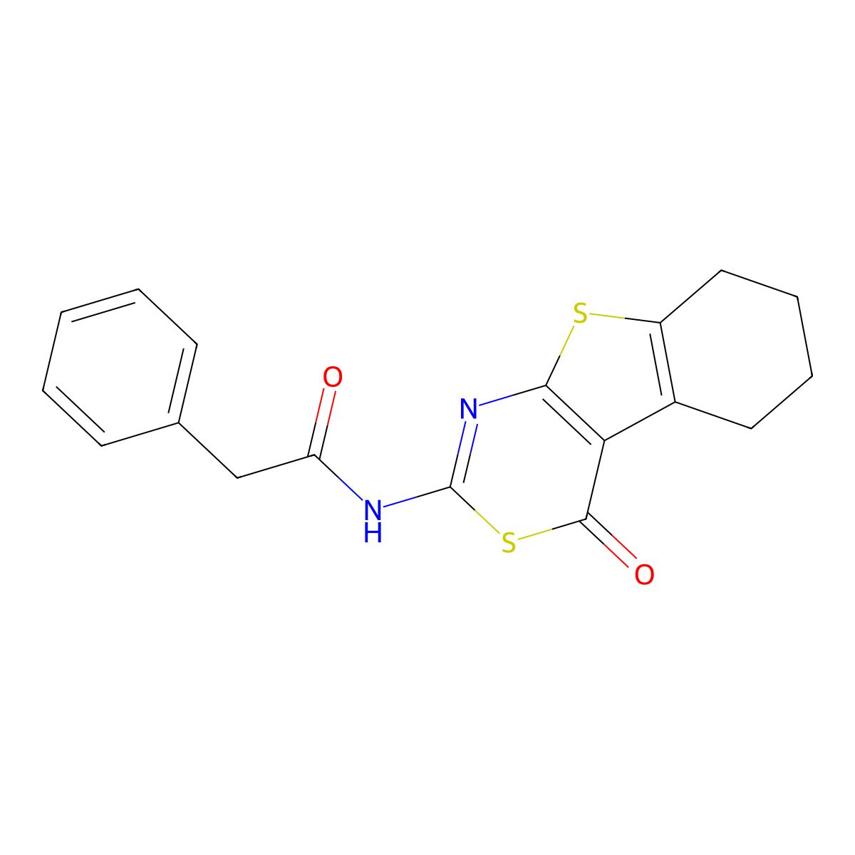 N-(4-oxo-5,6,7,8-tetrahydro-[1]benzothiolo[2,3-d][1,3]thiazin-2-yl)-2-phenylacetamide molecular structure, CAS 268733-50-2