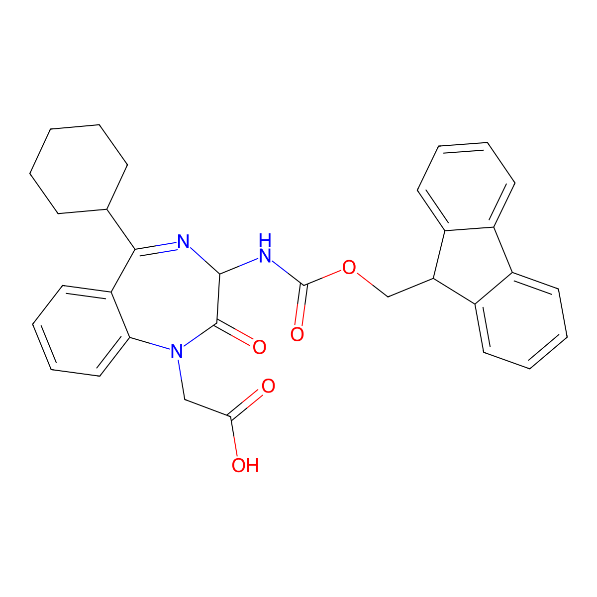 1H-1,4-Benzodiazepine-1-acetic acid, 5-cyclohexyl-3-[[(9H-fluoren-9-ylmethoxy)carbonyl]amino]-2,3-dihydro-2-oxo- molecular structure, CAS 269078-83-3