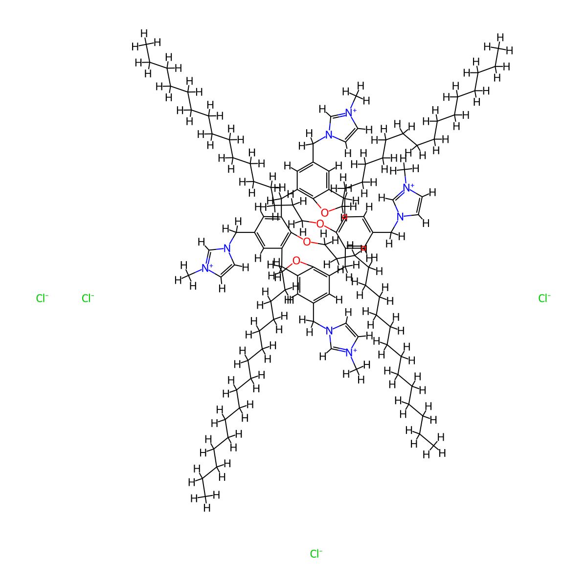 1-methyl-3-{[25,26,27,28-tetrakis(hexadecyloxy)-11,17,23-tris[(1-methyl-1H-imidazol-3-ium-3-yl)methyl]pentacyclo[19.3.1.1^{3,7}.1^{9,13}.1^{15,19}]octacosa-1(25),3(28),4,6,9,11,13(27),15(26),16,18,21,23-dodecaen-5-yl]methyl}-1H-imidazol-3-ium tetrachloride molecular structure, CAS 2692682-93-0
