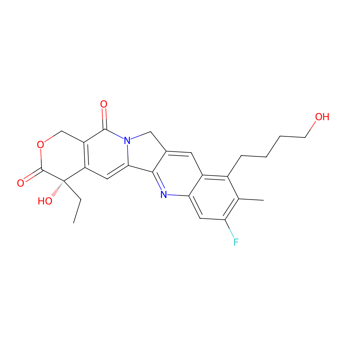 (19S)-19-ethyl-6-fluoro-19-hydroxy-8-(4-hydroxybutyl)-7-methyl-17-oxa-3,13-diazapentacyclo[11.8.0.02,11.04,9.015,20]henicosa-1(21),2,4,6,8,10,15(20)-heptaene-14,18-dione molecular structure, CAS 2694026-68-9