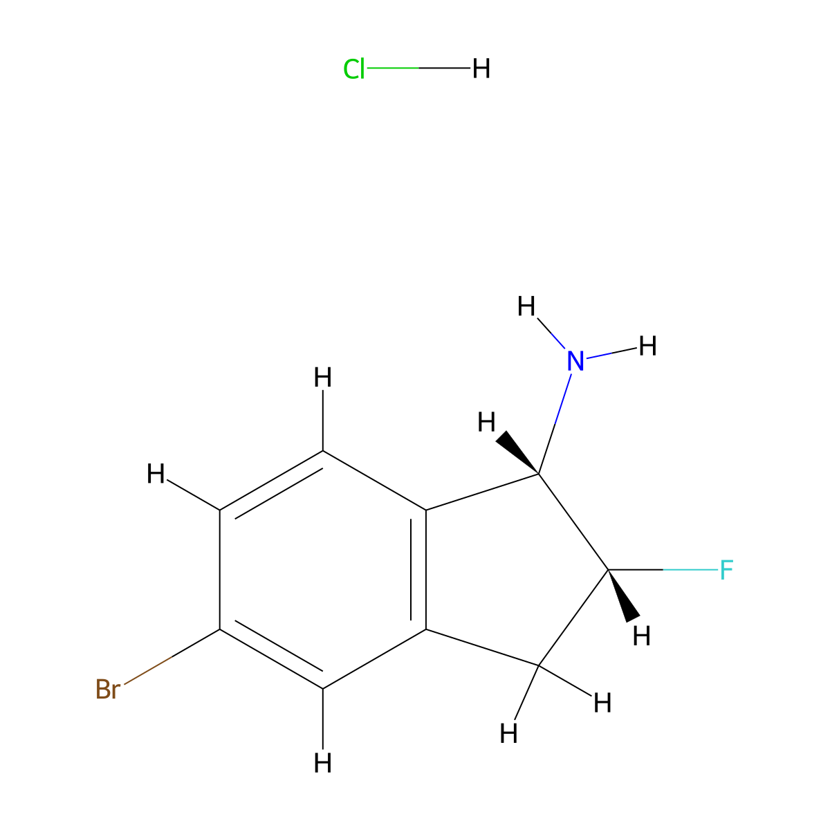 rac-(1R,2S)-5-bromo-2-fluoro-2,3-dihydro-1H-inden-1-amine hydrochloride, cis molecular structure, CAS 2694056-89-6