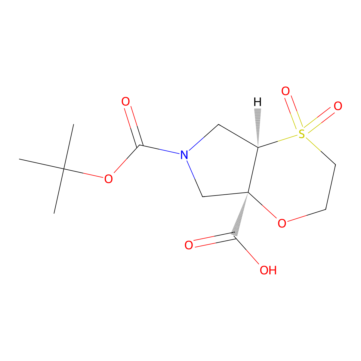 rac-(4aR,7aR)-6-[(tert-butoxy)carbonyl]-4,4-dioxo-hexahydro-2H-4lambda6-[1,4]oxathiino[2,3-c]pyrrole-7a-carboxylic acid, trans molecular structure, CAS 2694057-07-1