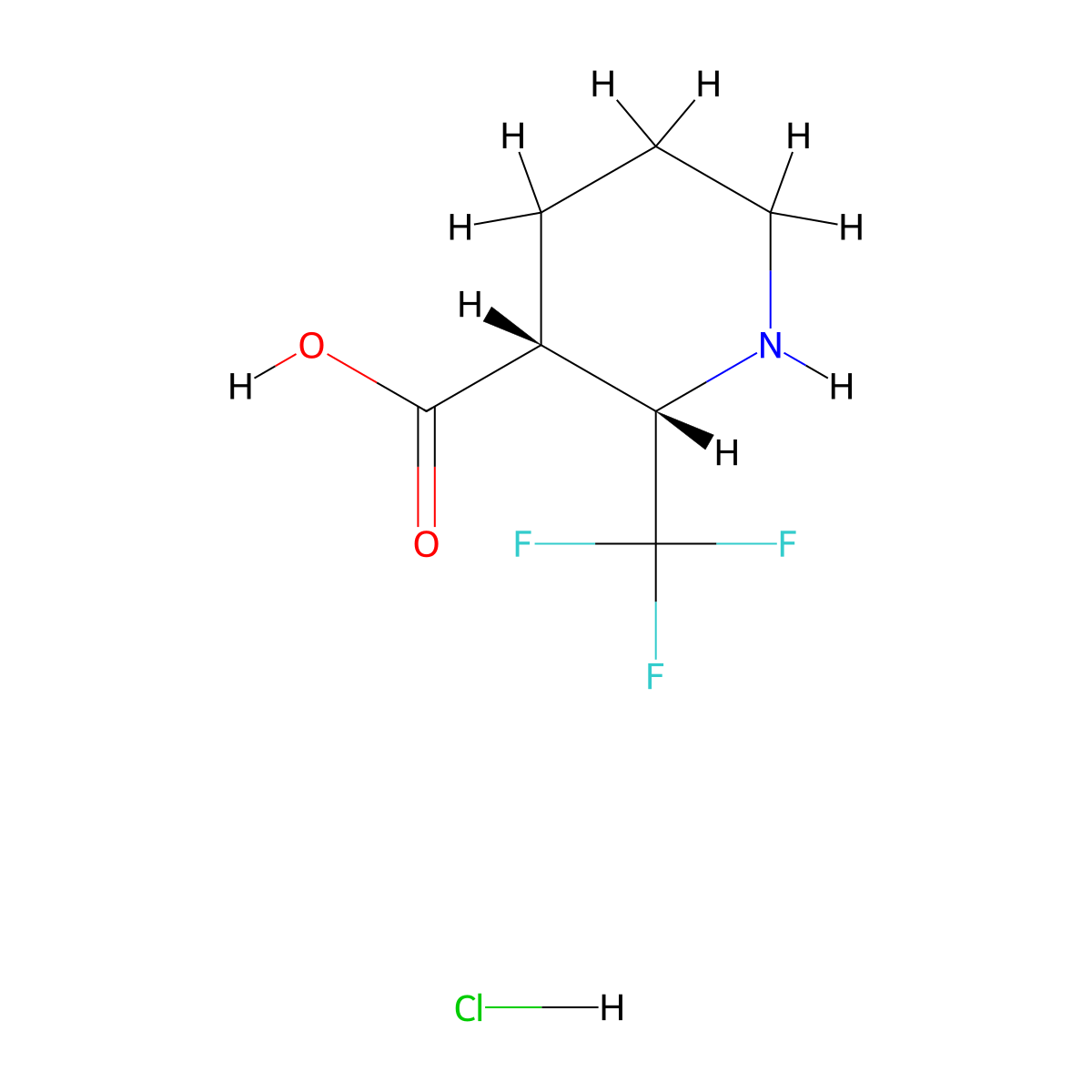 rac-(2R,3S)-2-(trifluoromethyl)piperidine-3-carboxylic acid hydrochloride, cis molecular structure, CAS 2694057-09-3