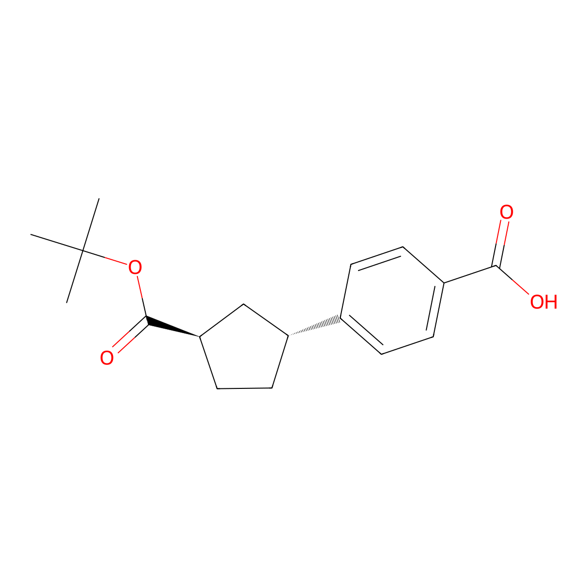 rac-4-[(1R,3R)-3-[(tert-butoxy)carbonyl]cyclopentyl]benzoic acid, trans molecular structure, CAS 2694057-61-7