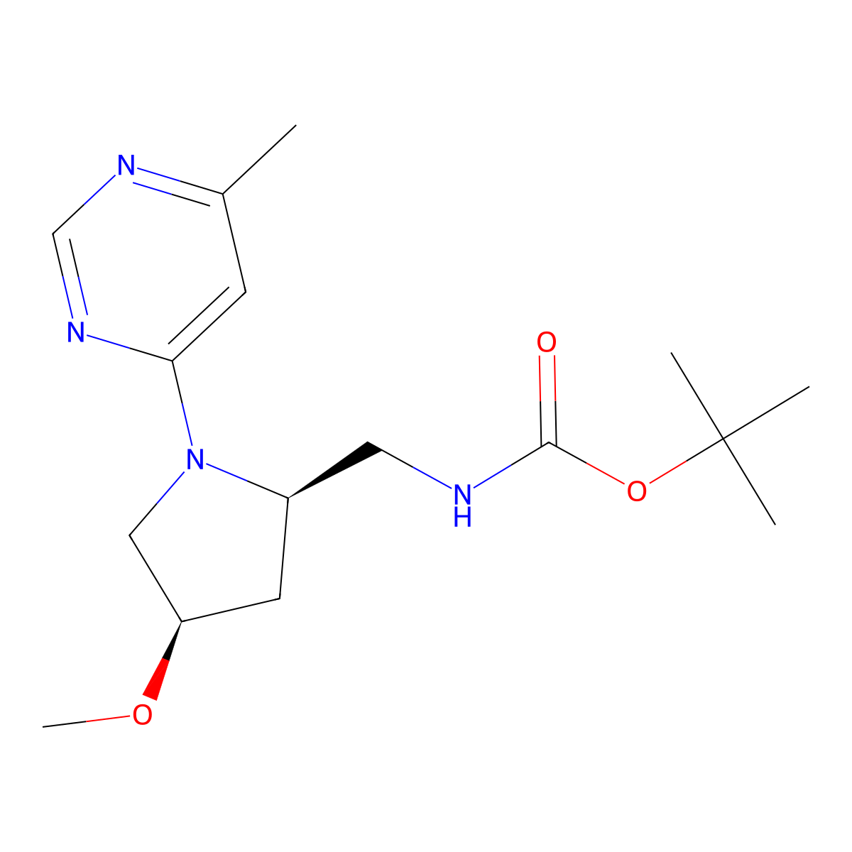 tert-butyl N-{[(2R,4R)-4-methoxy-1-(6-methylpyrimidin-4-yl)pyrrolidin-2-yl]methyl}carbamate molecular structure, CAS 2694058-18-7