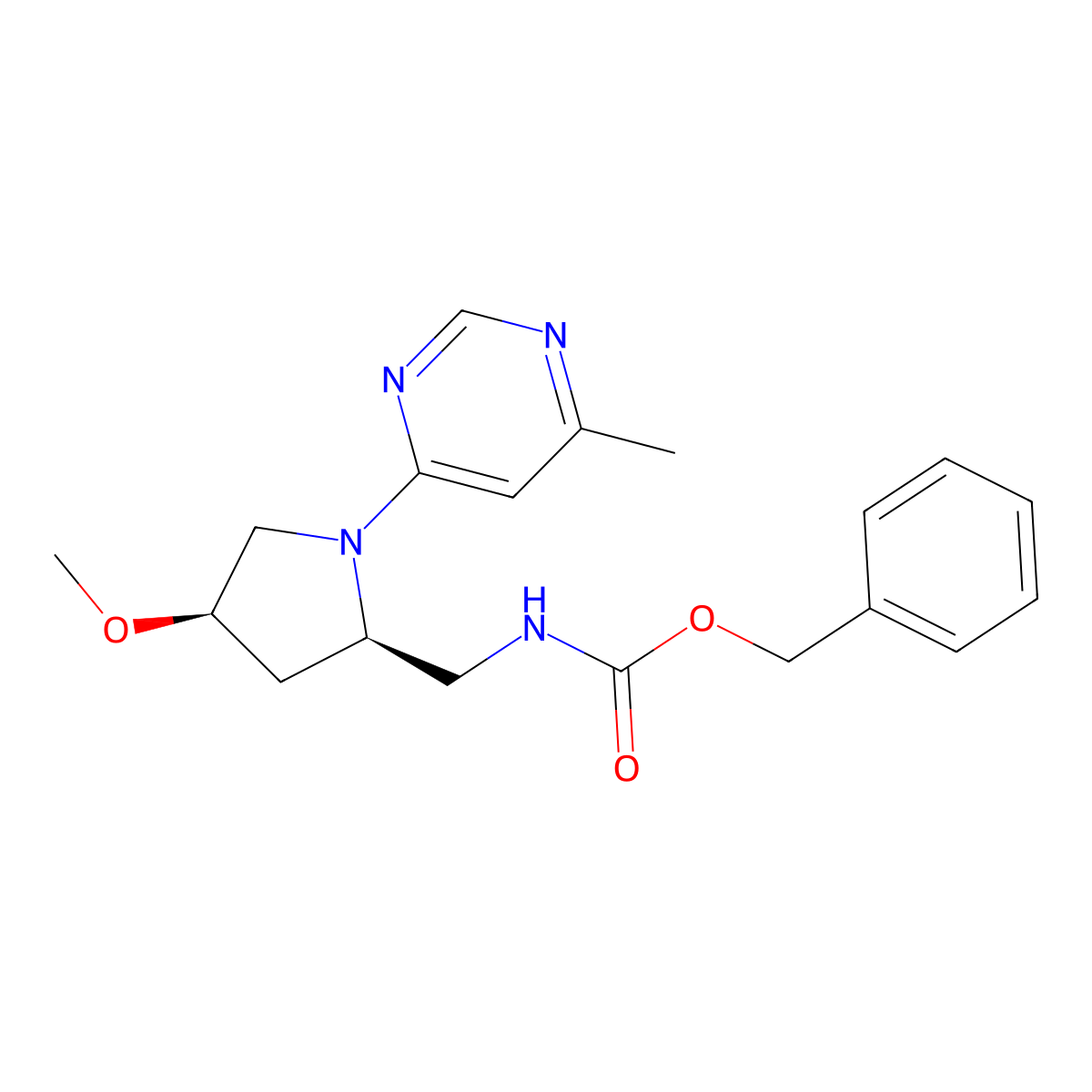 benzyl N-{[(2R,4R)-4-methoxy-1-(6-methylpyrimidin-4-yl)pyrrolidin-2-yl]methyl}carbamate molecular structure, CAS 2694058-34-7