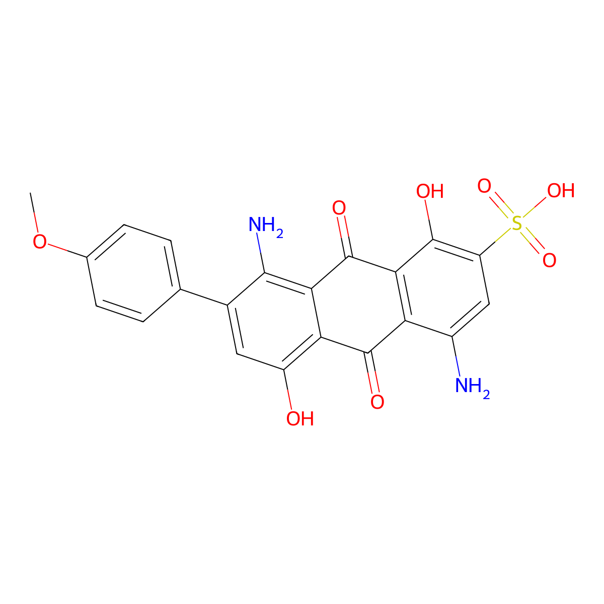2-Anthracenesulfonic acid, 4,8-diamino-9,10-dihydro-1,5-dihydroxy-7-(4-methoxyphenyl)-9,10-dioxo- molecular structure, CAS 26941-42-4