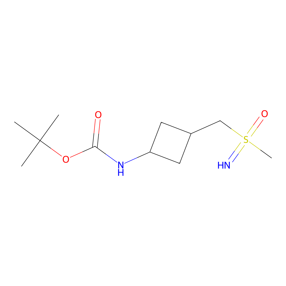 rac-tert-butyl N-((1r,3r)-3-((imino(methyl)oxo-lambda6-sulfanyl)methyl)cyclobutyl)carbamate molecular structure, CAS 2694133-54-3