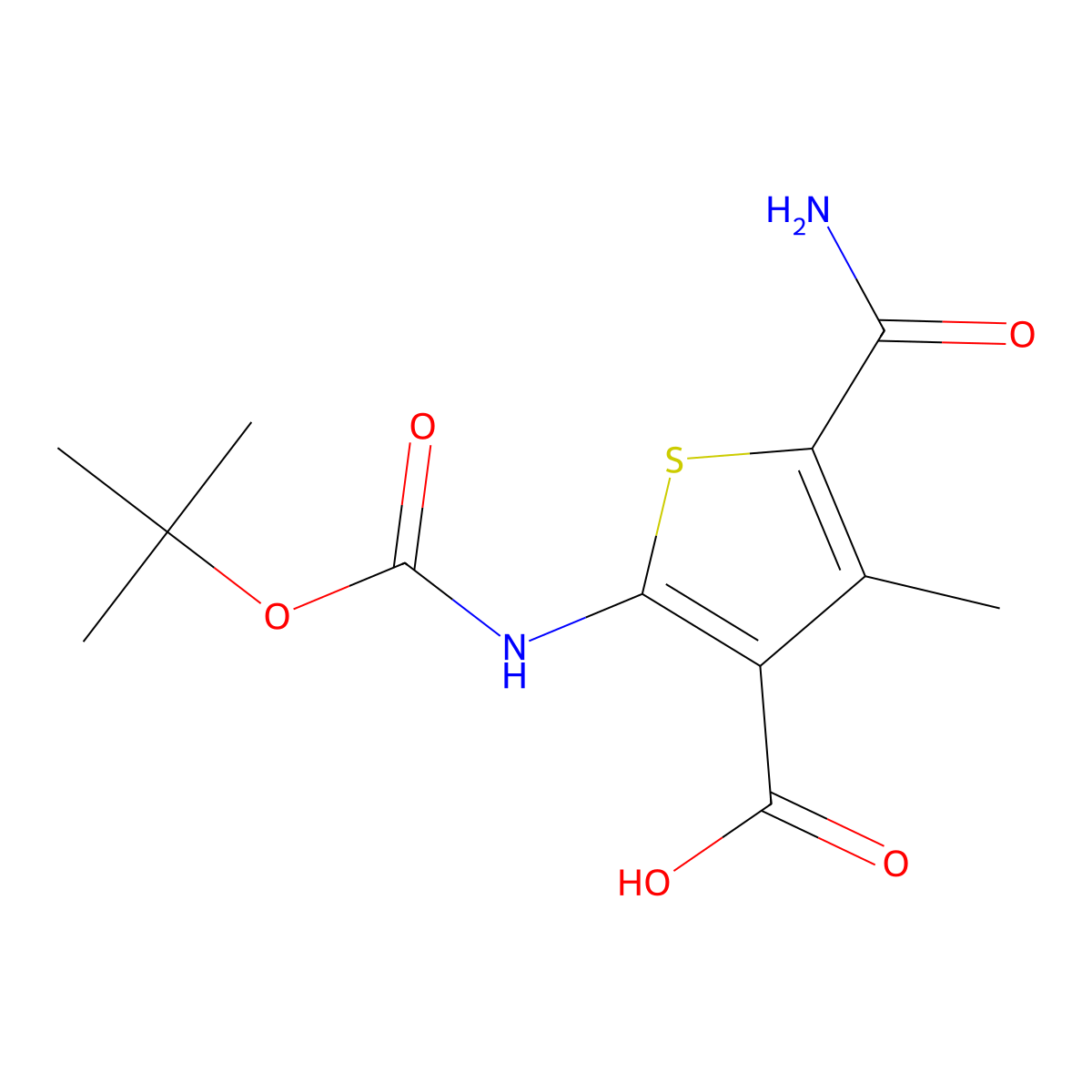 2-{[(Tert-butoxy)carbonyl]amino}-5-carbamoyl-4-methylthiophene-3-carboxylic acid molecular structure, CAS 2694724-87-1