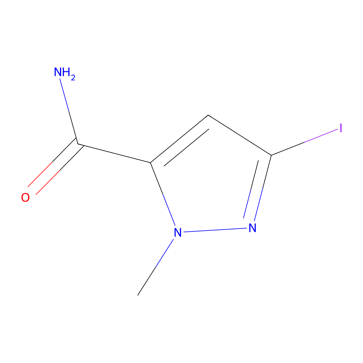 3-iodo-1-methyl-1H-pyrazole-5-carboxamide molecular structure, CAS 2694729-06-9