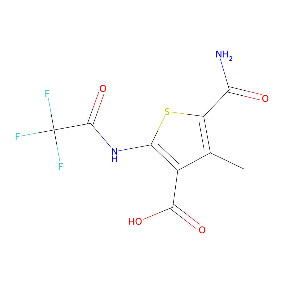5-Carbamoyl-4-methyl-2-(2,2,2-trifluoroacetamido)thiophene-3-carboxylic acid molecular structure, CAS 2694731-84-3