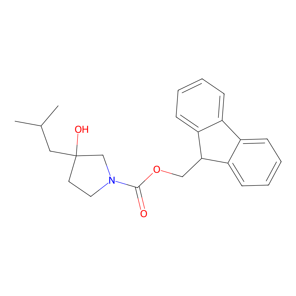 (9H-fluoren-9-yl)methyl 3-hydroxy-3-(2-methylpropyl)pyrrolidine-1-carboxylate molecular structure, CAS 2694732-81-3
