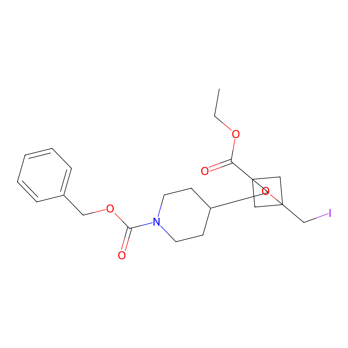 Benzyl 4-[4-(ethoxycarbonyl)-1-(iodomethyl)-2-oxabicyclo[2.1.1]hexan-3-yl]piperidine-1-carboxylate molecular structure, CAS 2694734-23-9
