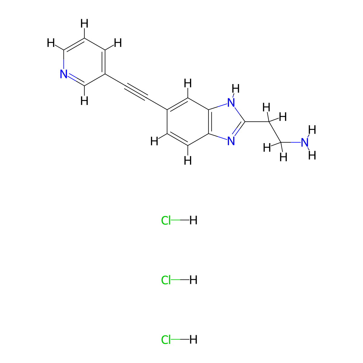 2-{5-[2-(pyridin-3-yl)ethynyl]-1H-1,3-benzodiazol-2-yl}ethan-1-amine trihydrochloride molecular structure, CAS 2694734-37-5
