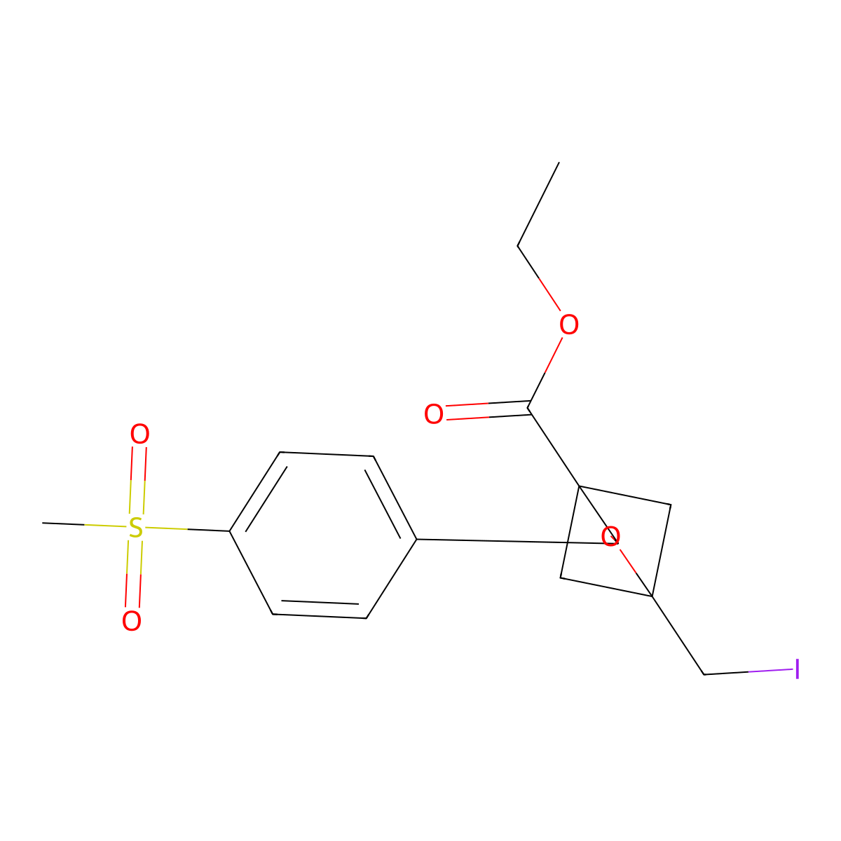Ethyl 1-(iodomethyl)-3-(4-methanesulfonylphenyl)-2-oxabicyclo[2.1.1]hexane-4-carboxylate molecular structure, CAS 2694734-50-2