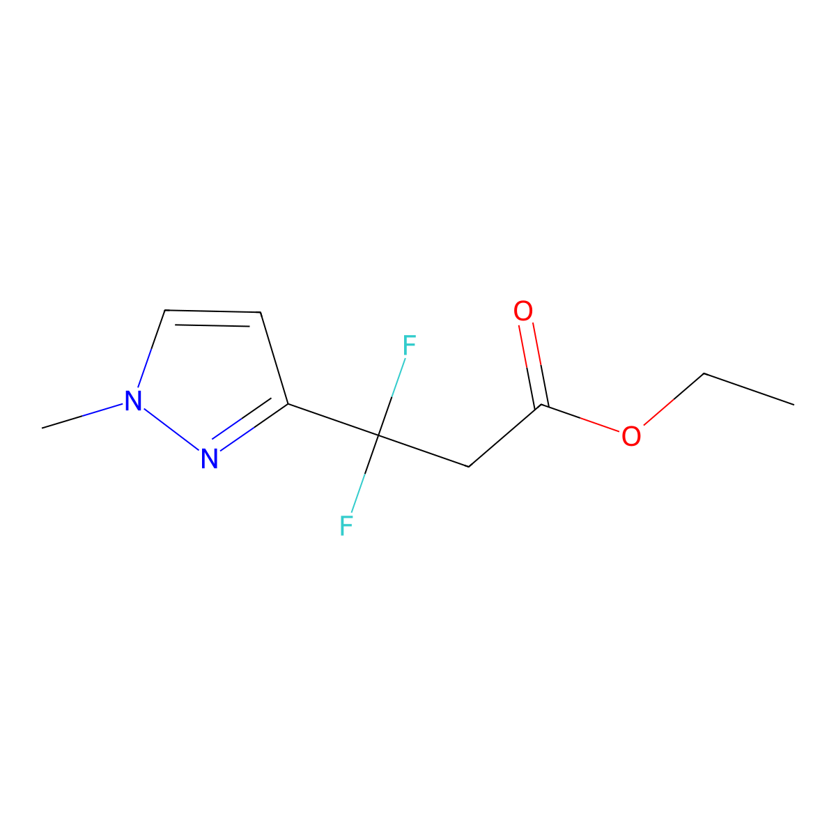 ethyl 3,3-difluoro-3-(1-methyl-1H-pyrazol-3-yl)propanoate molecular structure, CAS 2694734-84-2